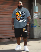 Guy's Big and Tall Street Casual Split Bear Print T-Shirt Shorts Set